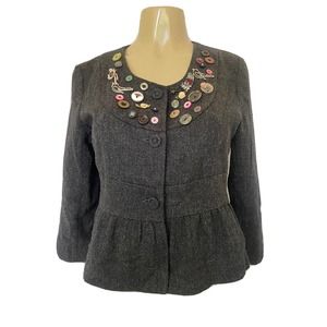 Manoush Anthro Tweed Blazer Jacket Button Bird Embellished Detail Gray 4…
